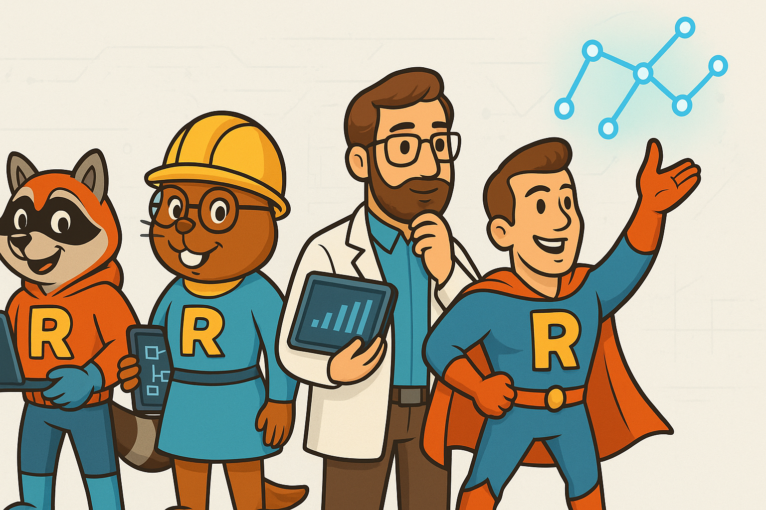 The characters of the improVerse: R-coon, She-R, Mr. Higgs, and SpideRman